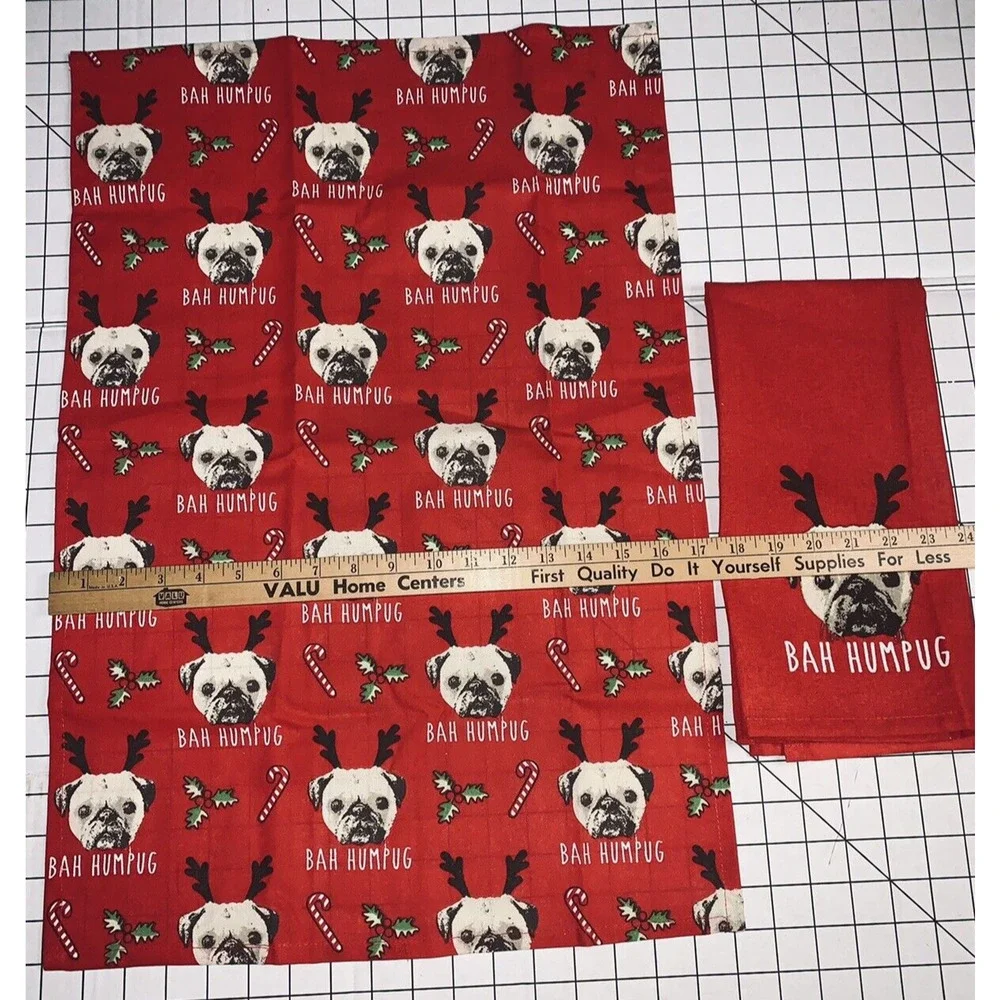 Pug Cooksmart Tea Towels Bah Humpug Cotton Unused No Tags or Pkg Red Christmas